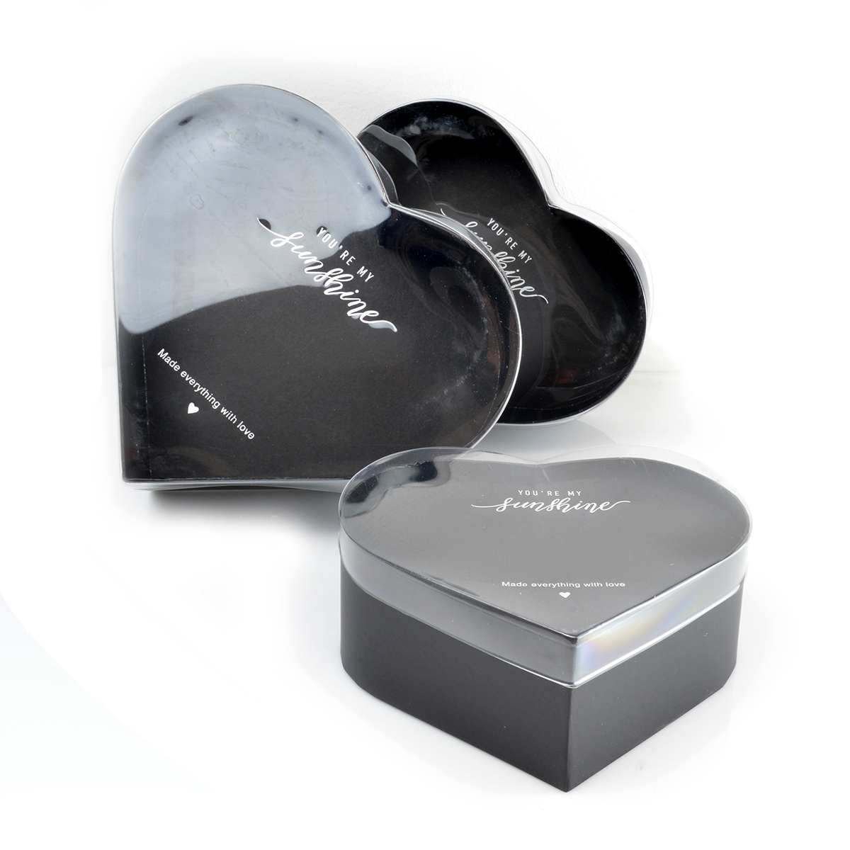 Set 3 cutii inima cu capac transparent Sunshine mici negre AFO