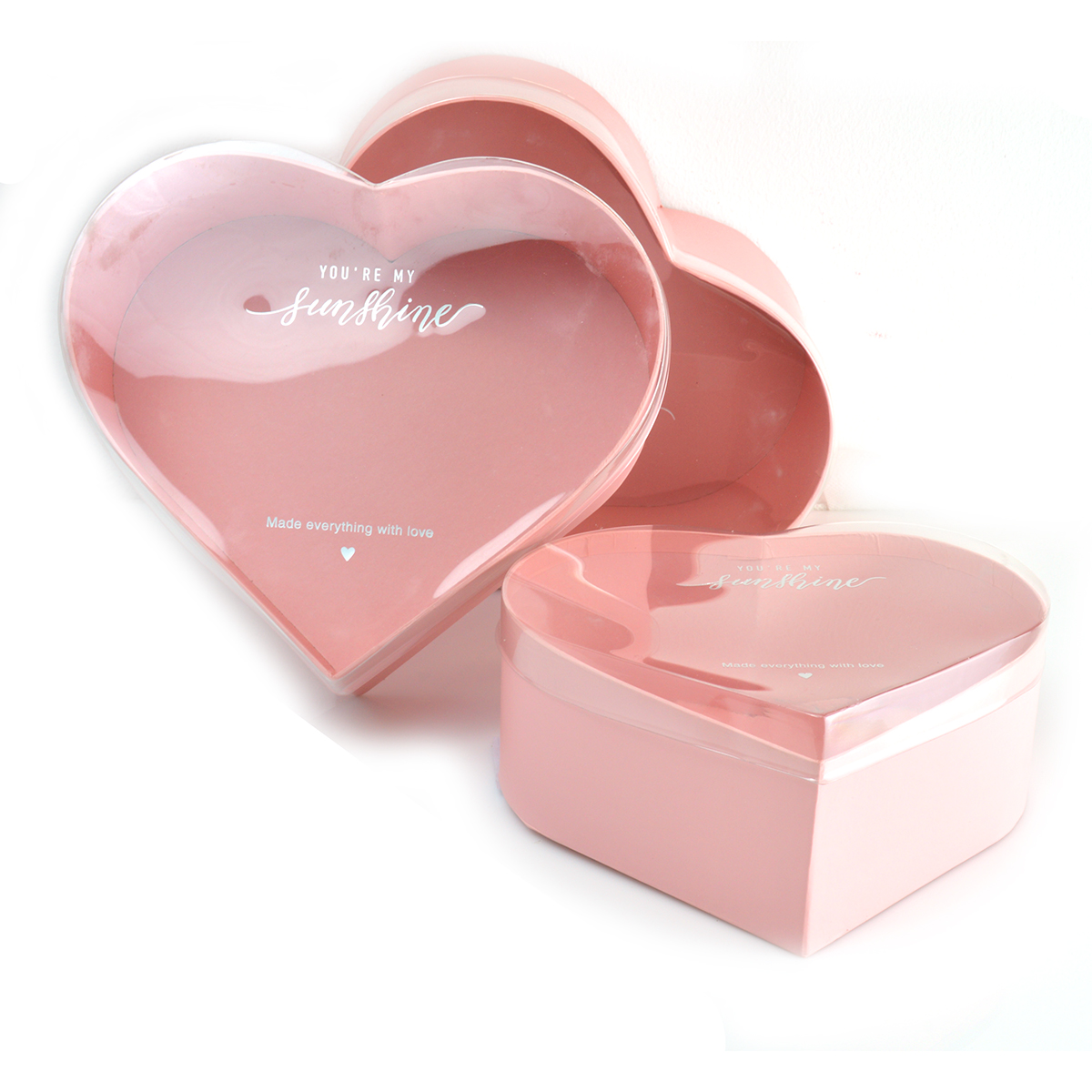 Set 3 cutii inima cu capac transparent Sunshine mici roz