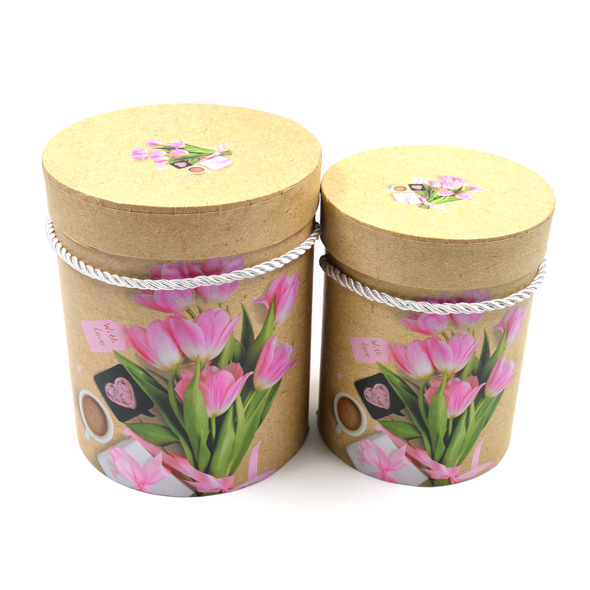 Set 2 cutii cilindrice natur cu lalele si cafea