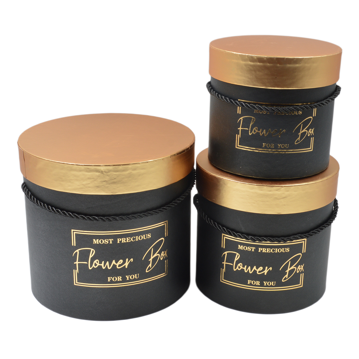 Set 3 cutii flower box negru capac auriu