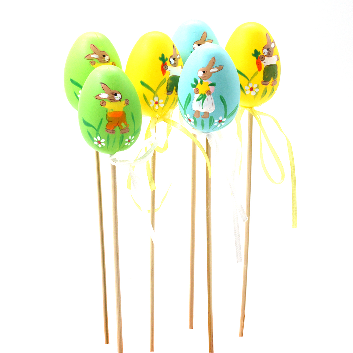 Set 6 decoratiuni oua incondeiate pe bat model iepuras
