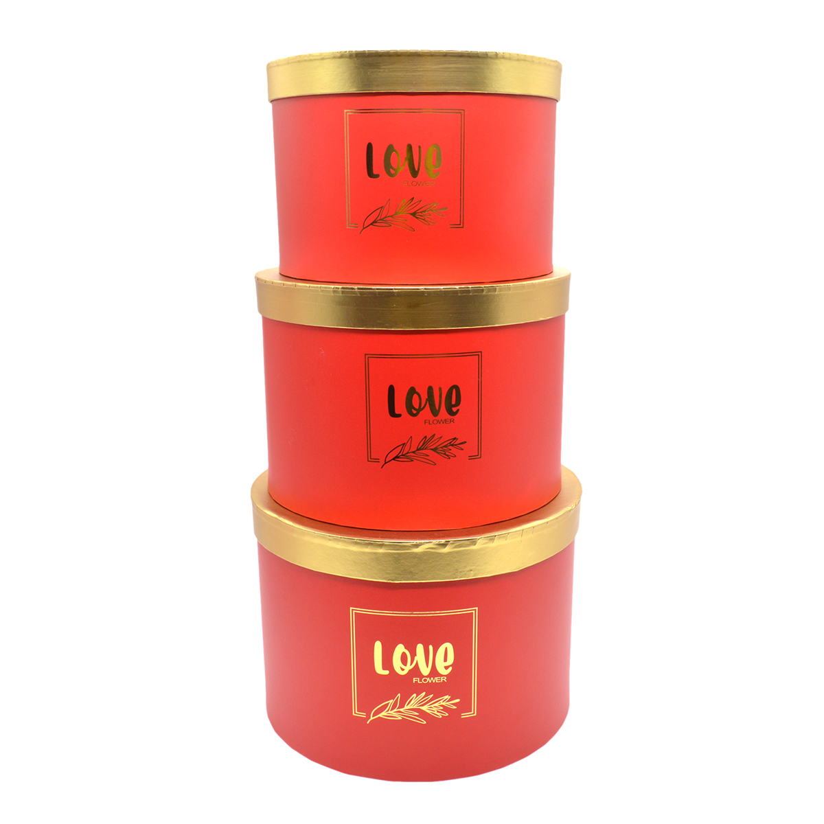 Set 3 cutii rotunde love flower rosu cu capac auriu