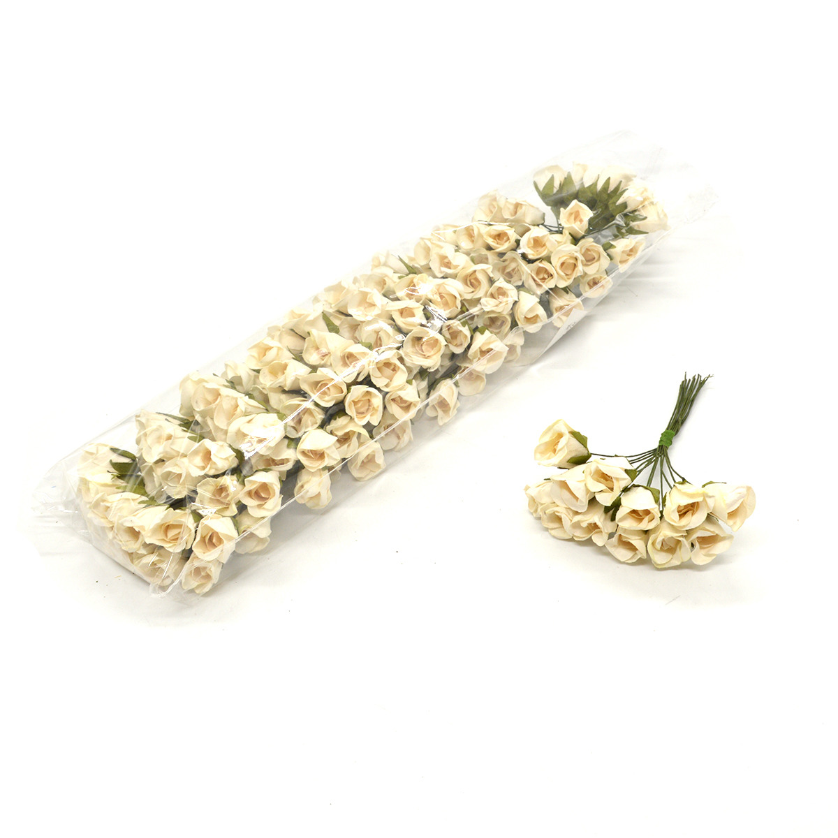 Set 144 trandafiri hartie 11cm pe sarma crem