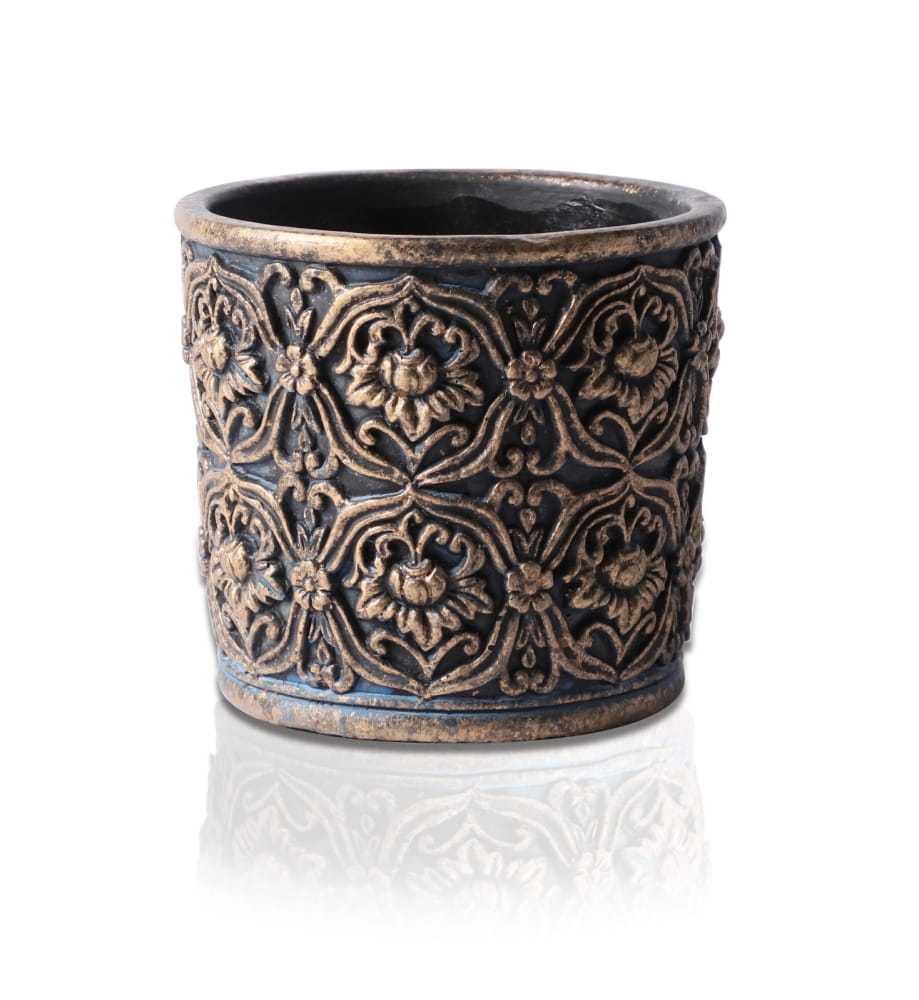 Ghiveci ceramica cilindru floral vintage auriu 14x13cm