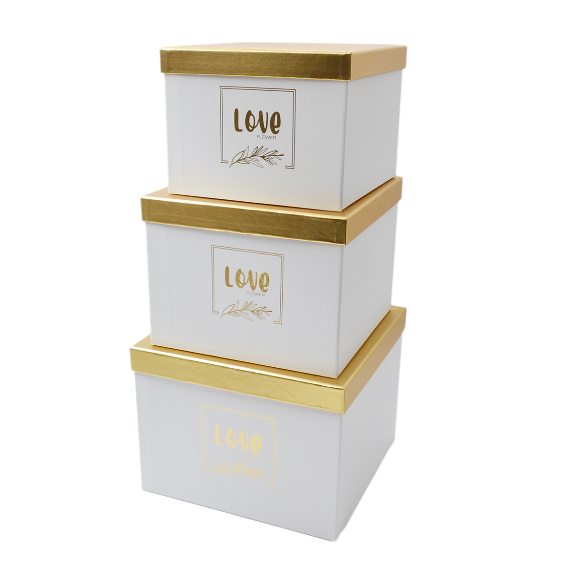 Set 3 cutii patrate love flower alb cu capac auriu
