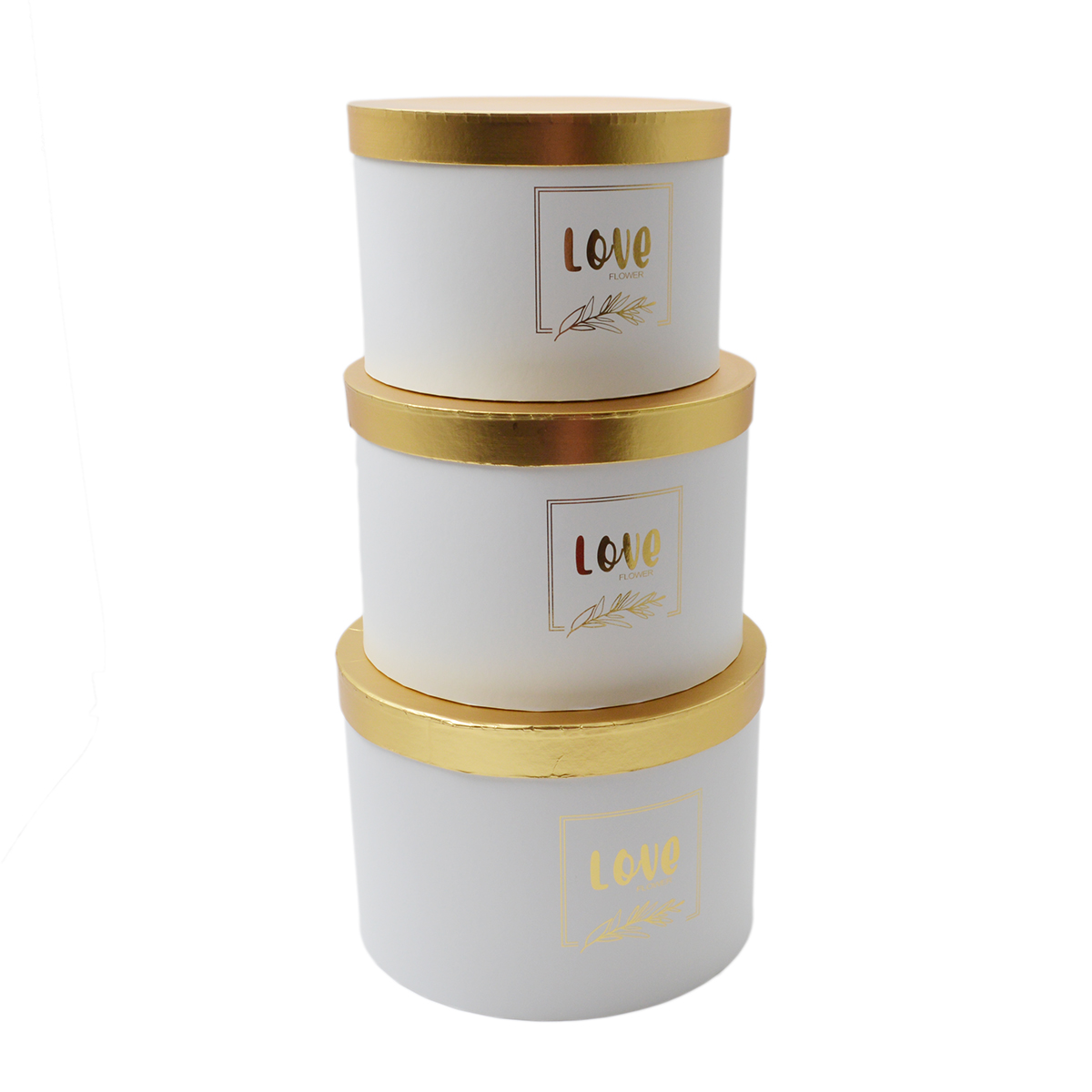 Set 3 cutii rotunde love flower alb cu capac auriu
