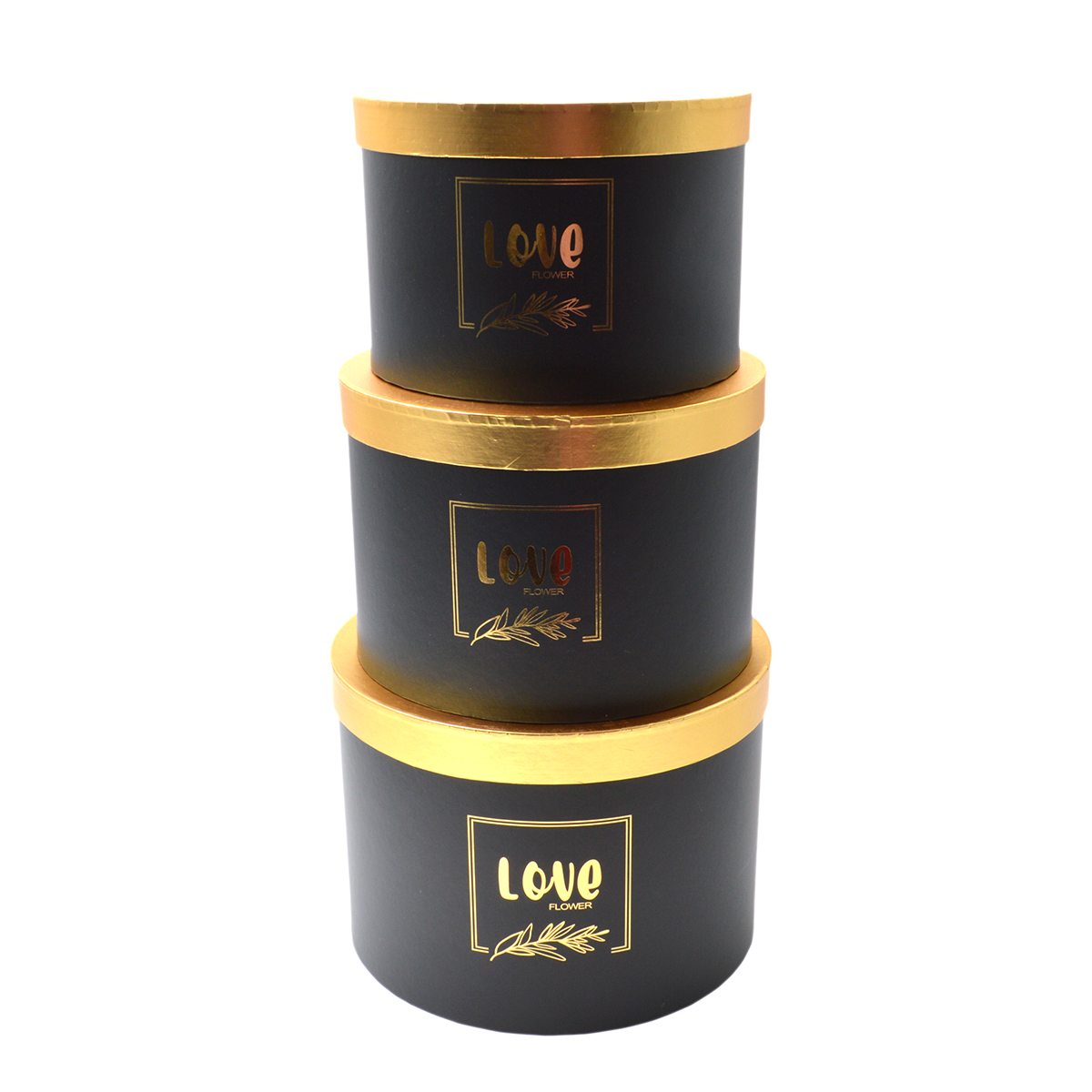 Set 3 cutii rotunde love flower negru cu capac auriu