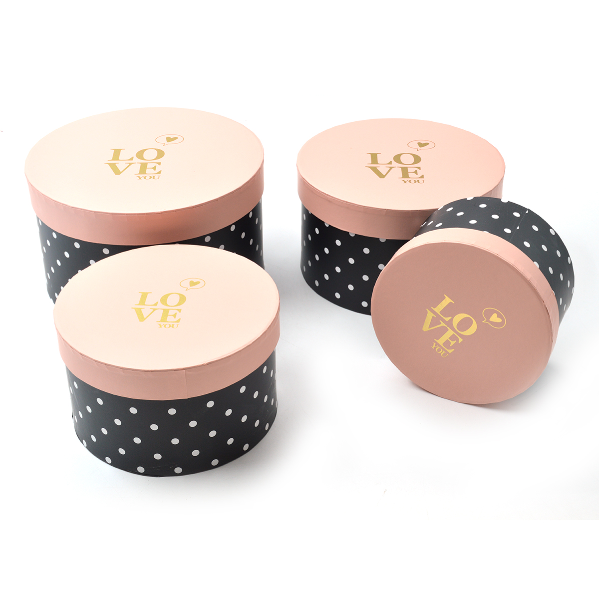 Set 4 cutii rotunde negru cu buline albe love