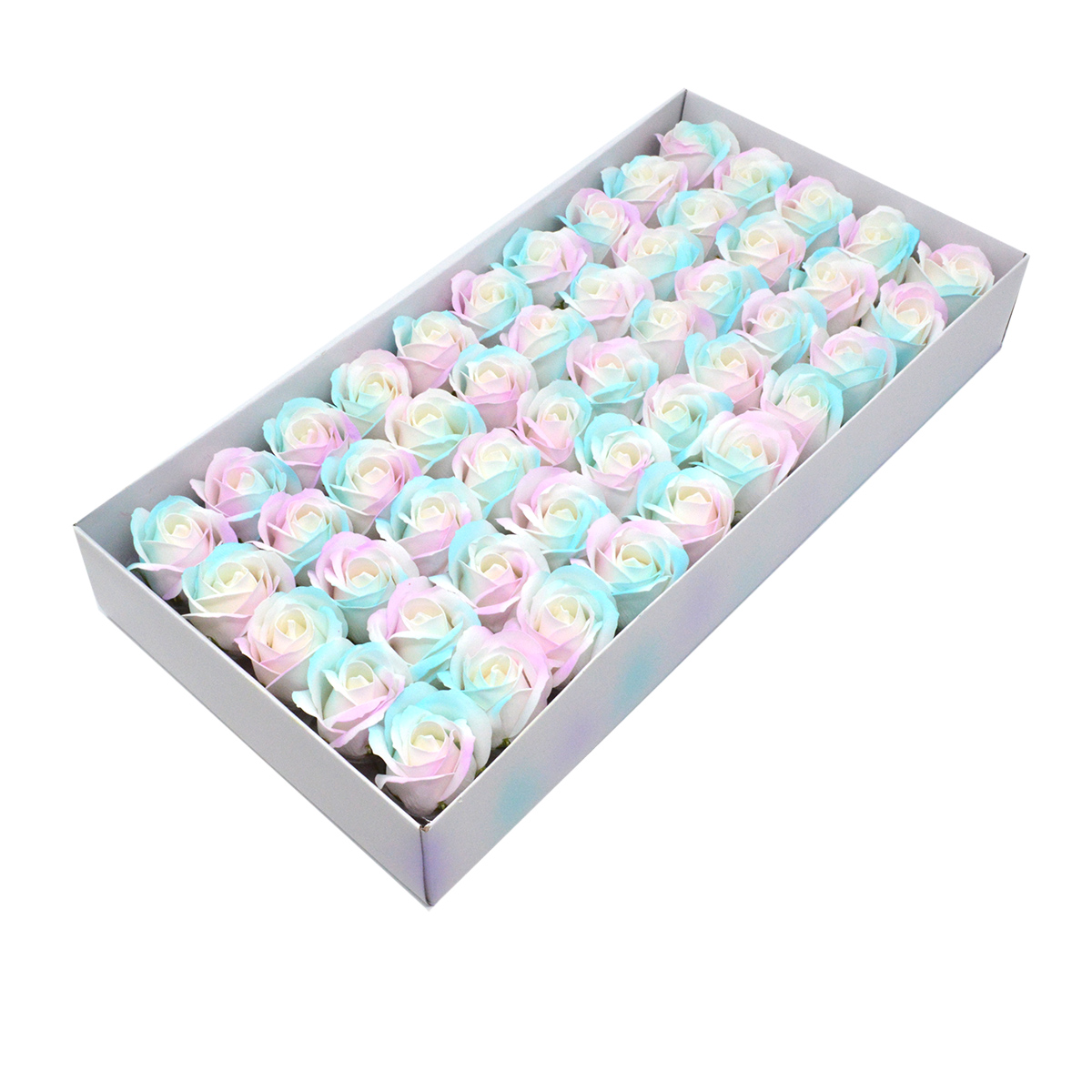 Set 50 trandafiri sapun parfumati, atingere reala, ALB DEGRADE bleo lila