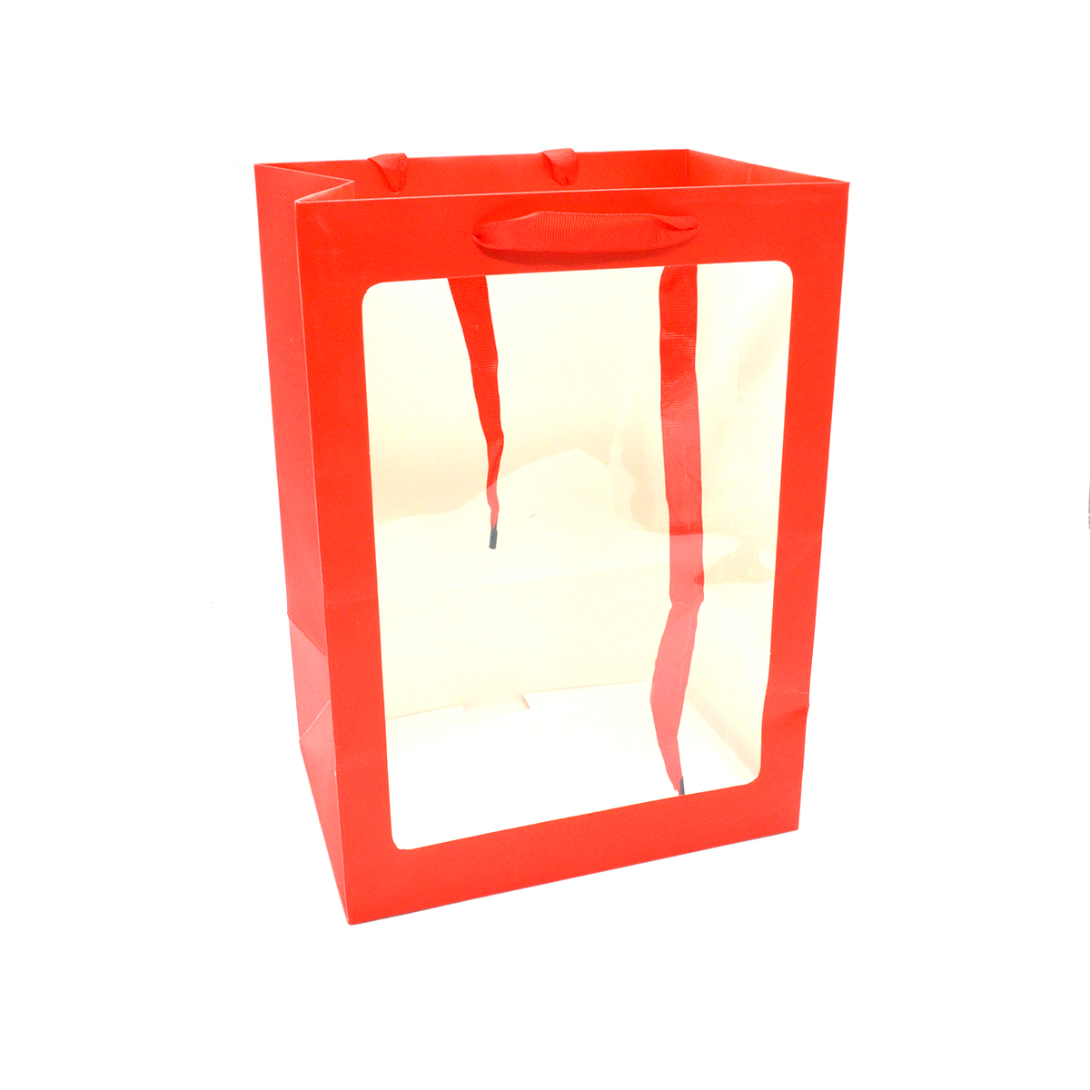 Set 10 sacosa pliabila cu lateral transparent cu manere satin rosu