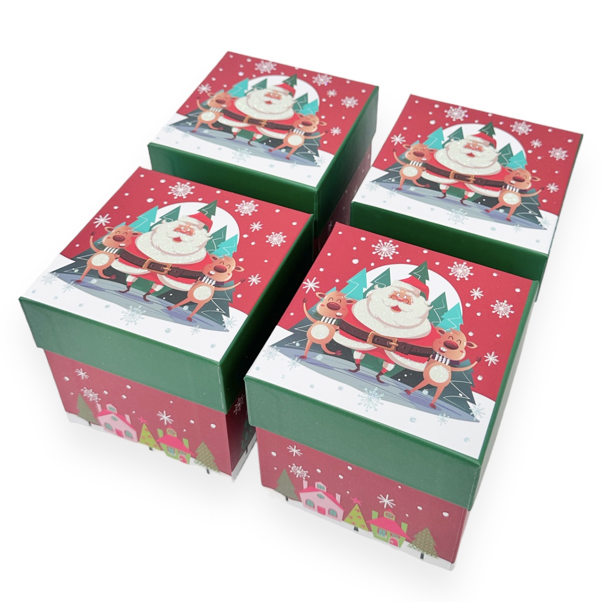 Set 4 Cutii Cub 10cm Mos Craciun cu Renii