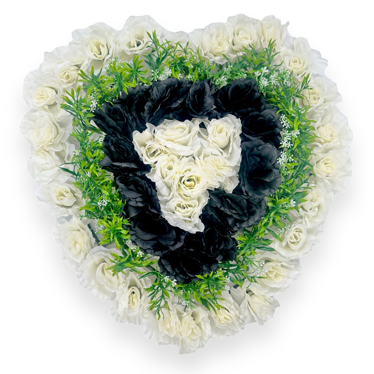 Coroana Funerara Artificiala Tip Jerba Inima Alb/Negru