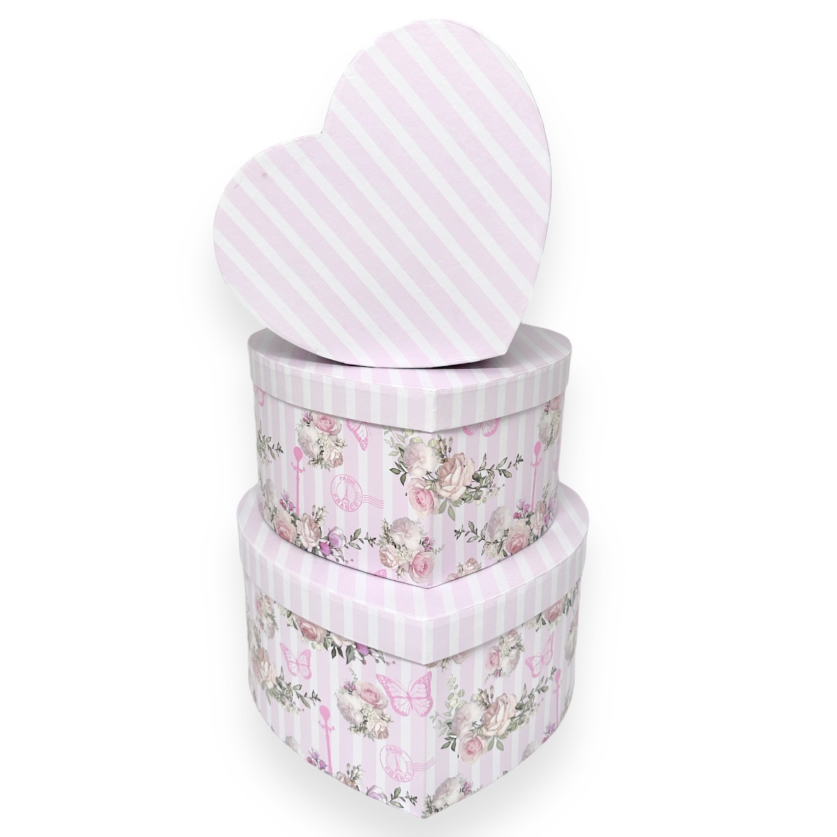 Set 3 cutii inima fluturasi si trandafiri roz cu dungi