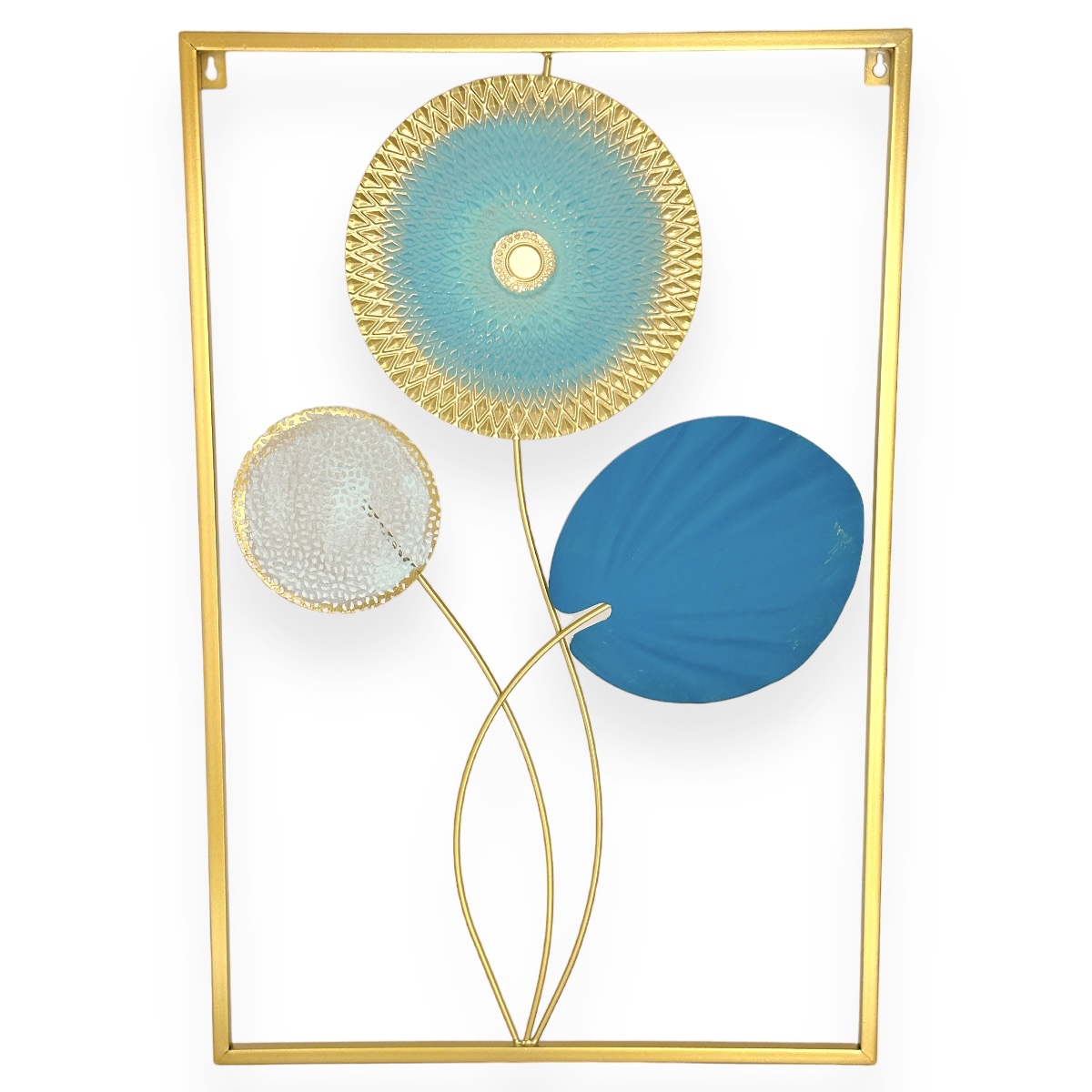 Panou decorativ perete metalic 3 frunze rotunde mint albastru auriu