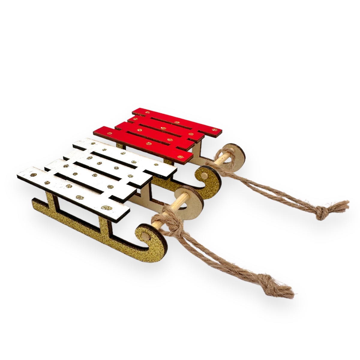 Set 2 saniute ornament alb-rosu cu sclipici
