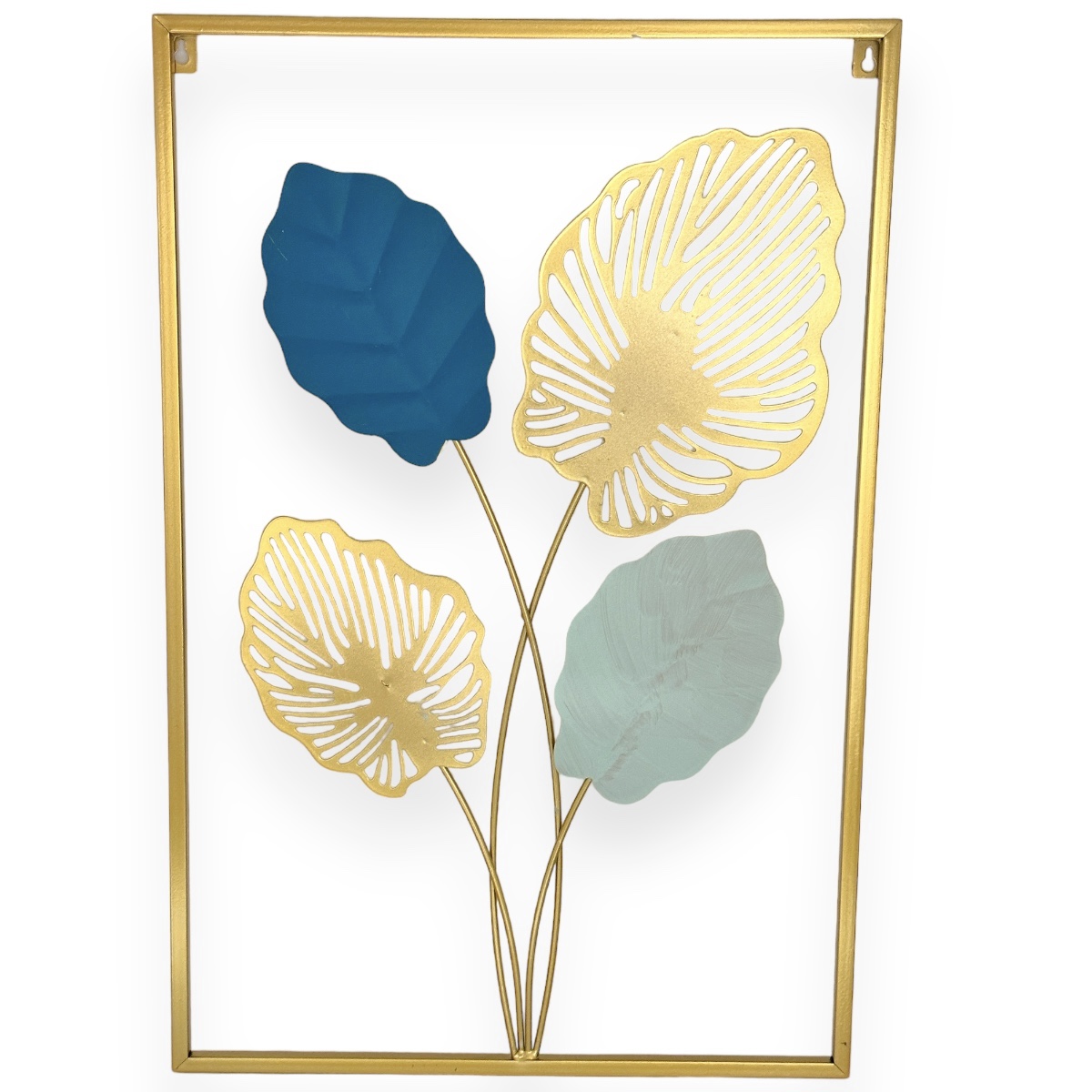 Panou decorativ perete metalic 4 frunze de palma mint albastru auriu