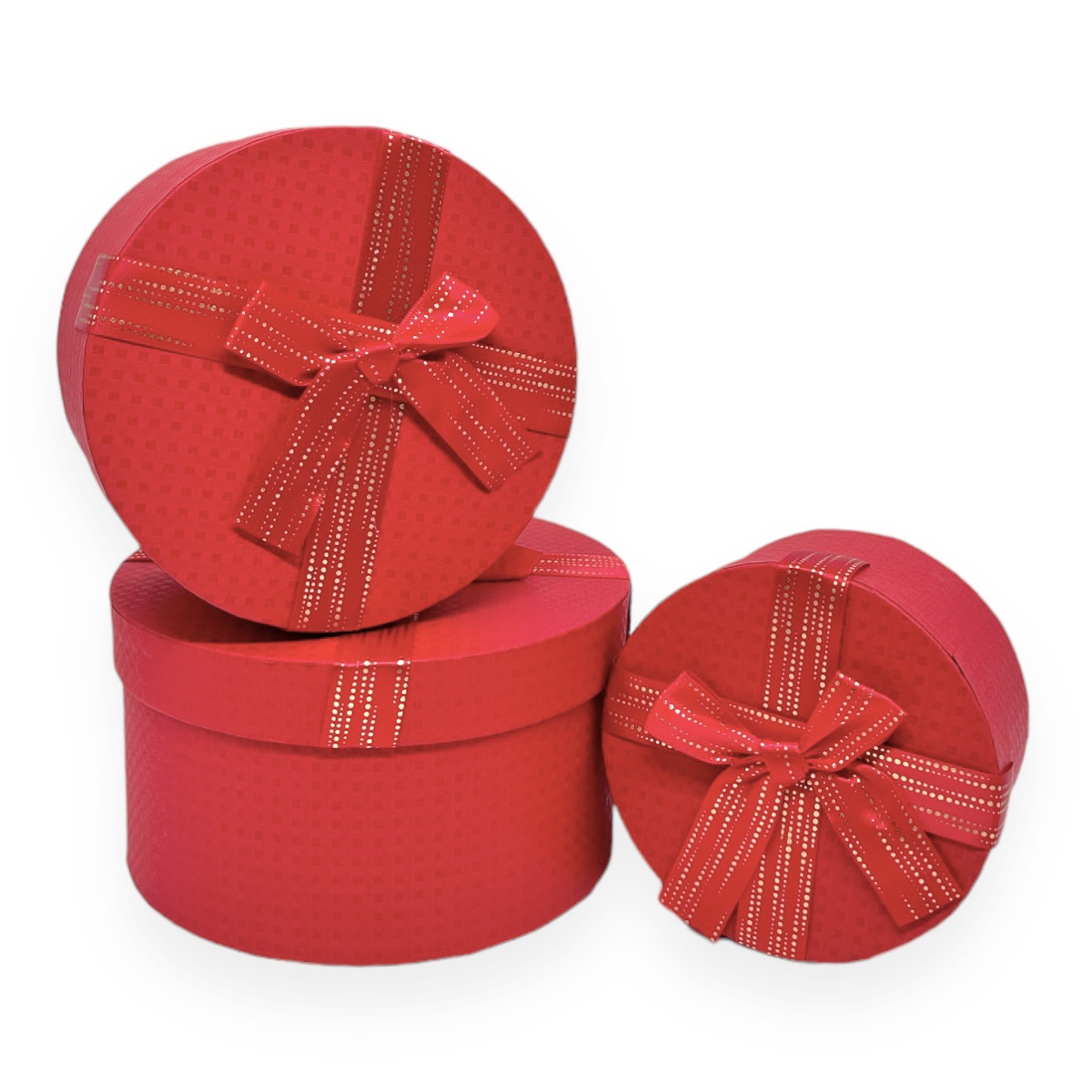 Set 3 Cutii Rotunde Rosu Texturat cu Funda Grena si Puncte Aurii