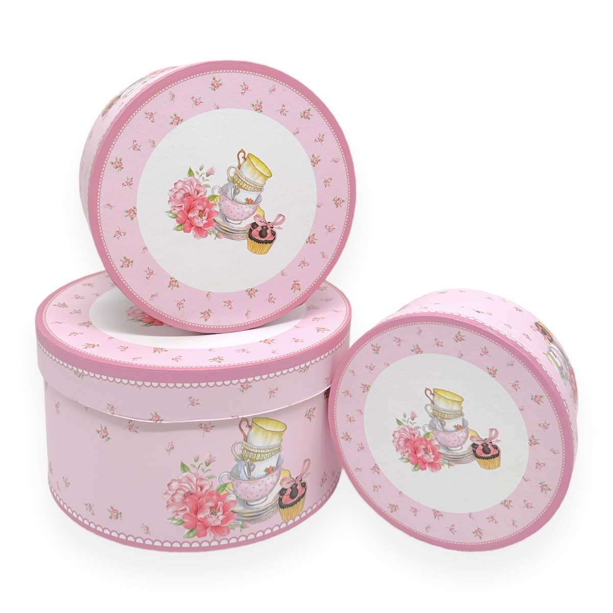 Set 3 Cutii Rotunde Vintage Roz si Cescute