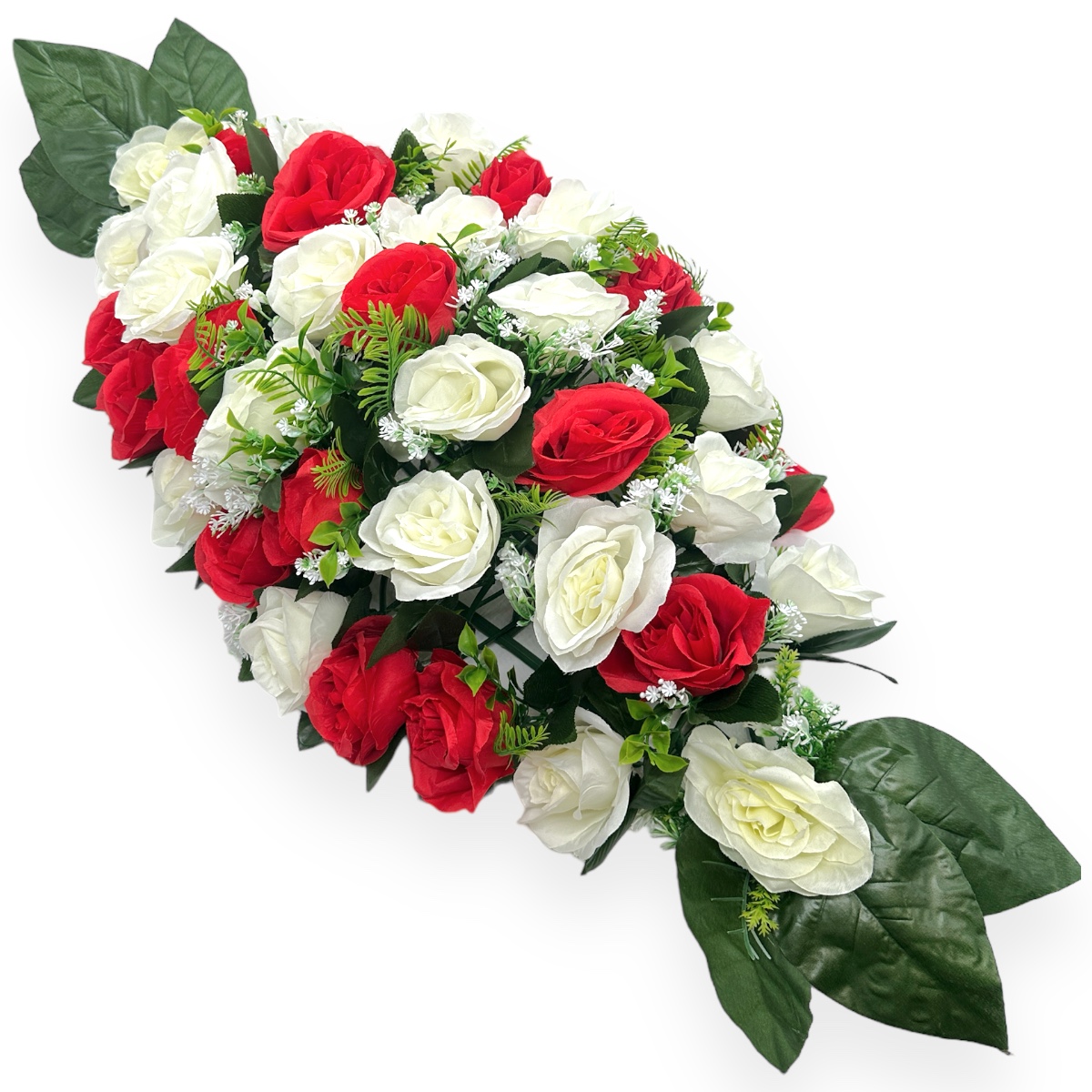 Coroana Funerara Artificiala Tip Jerba Alb cu Rosu