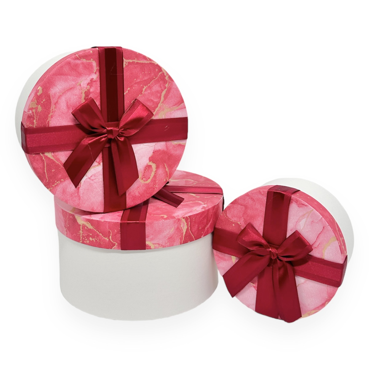 Set 3 Cutii Rotunde Crem si Capac Rosu cu Auriu