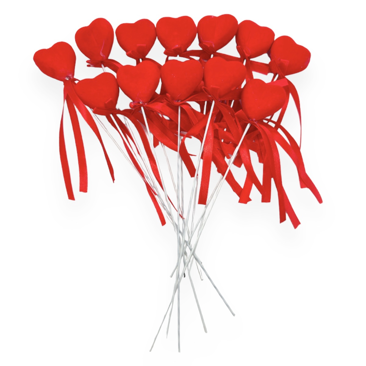 Set 12 Inimioare Catifelate Pe Sarma 3.5cm - Rosu