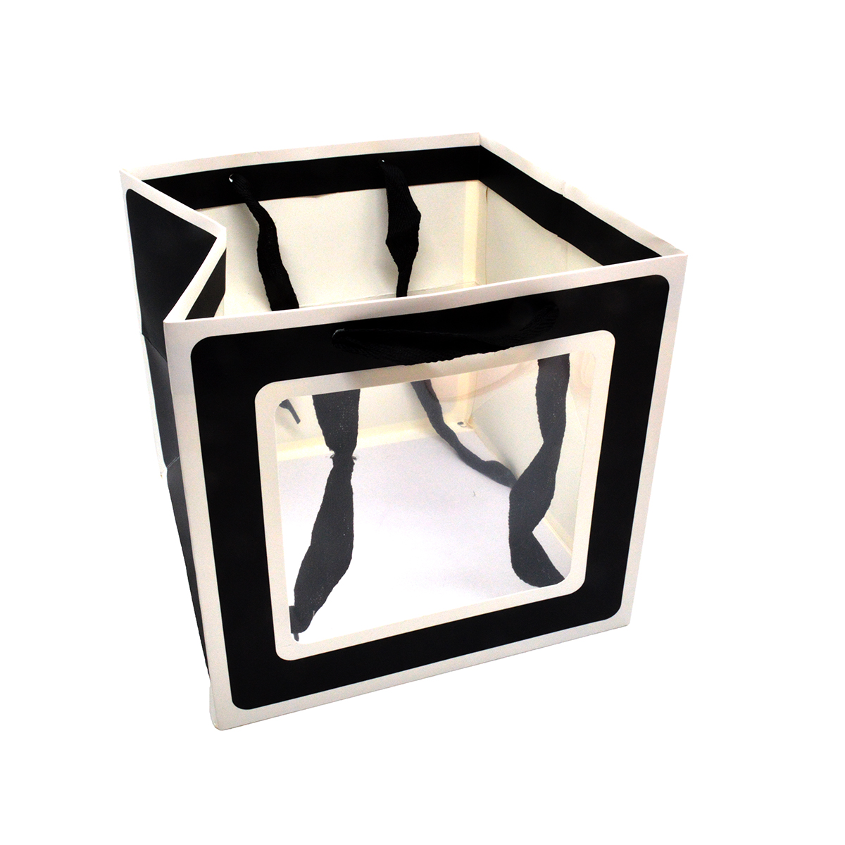 Sacosa pliabila carton negru alb cu o laterala transparenta