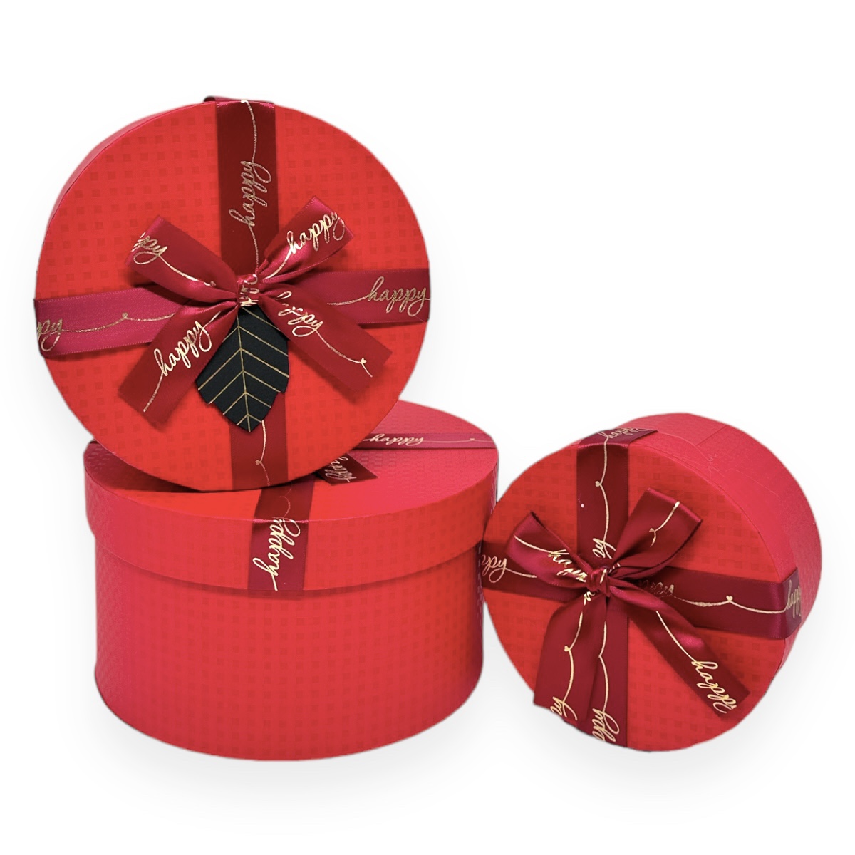 Set 3 Cutii Rotunde Rosu Texturat cu Funda Grena si Text Happy Auriu