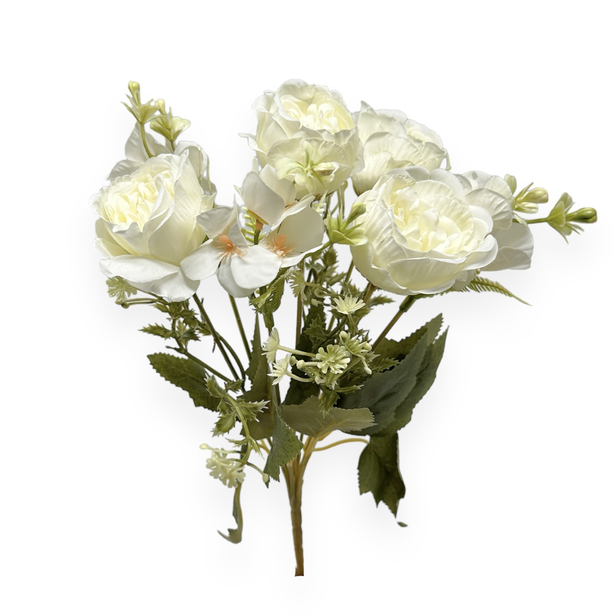 Buchet Artificial 7 Fire Trandafiri Austin si Flori de Mar Alb