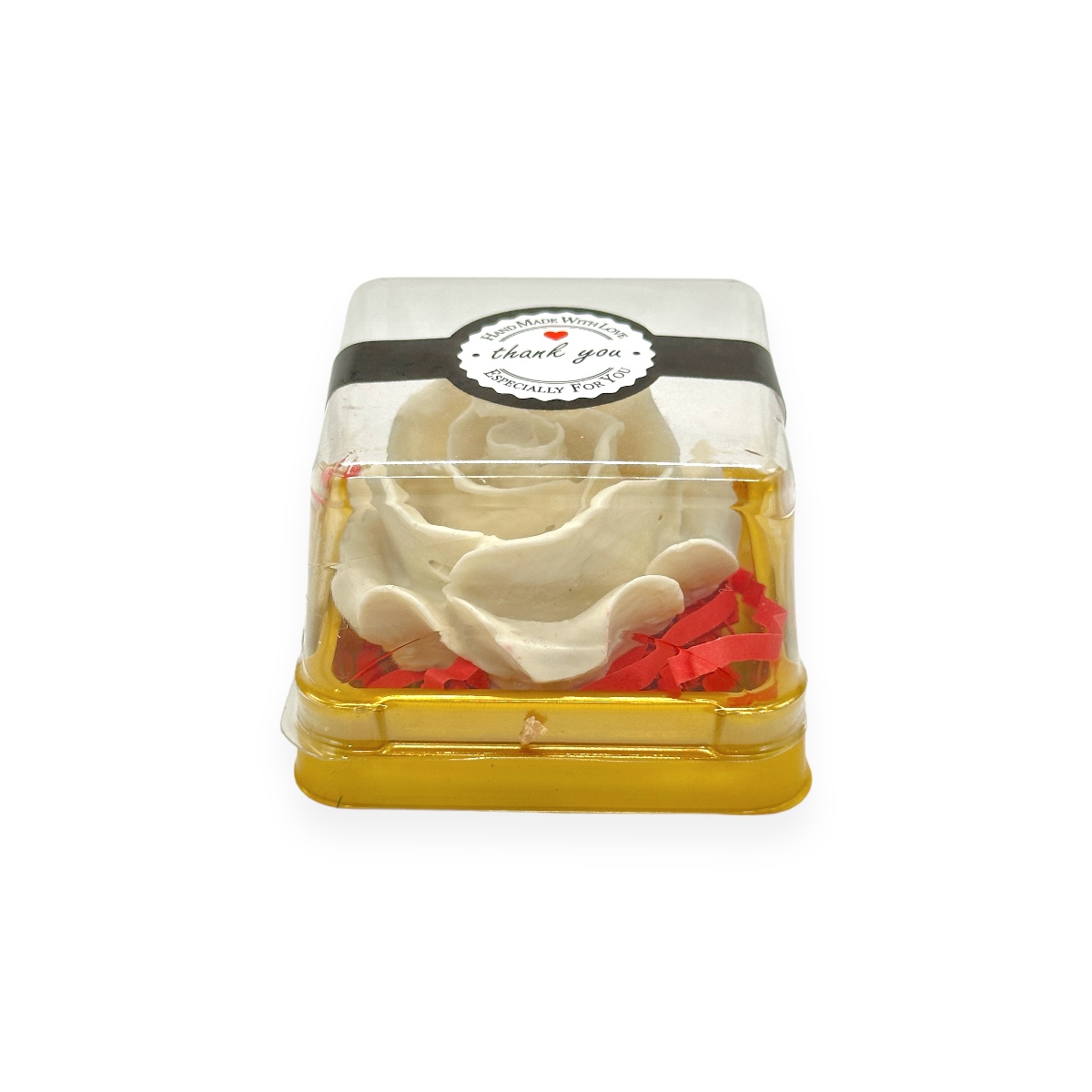 Lumanare figurina trandafir alb ceara naturala in cutie transparenta patrata