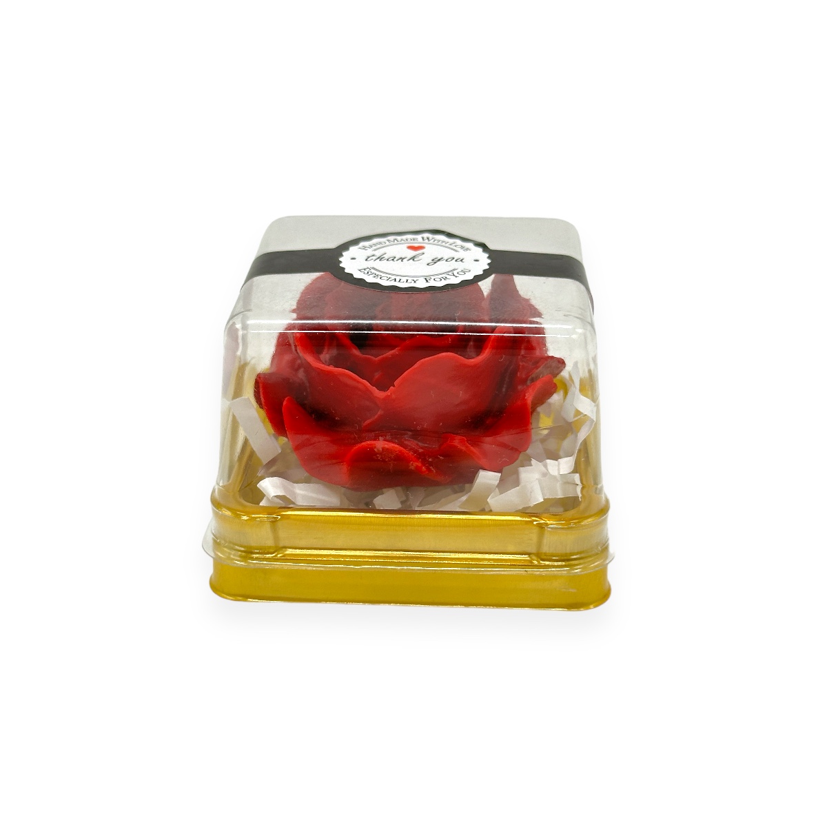 Lumanare figurina trandafir rosu ceara naturala in cutie transparenta patrata