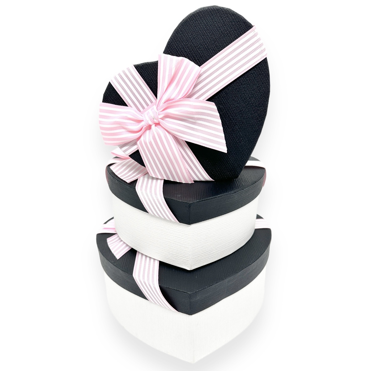 Set 3 cutii Inima MARI Alb cu negru si funda roz
