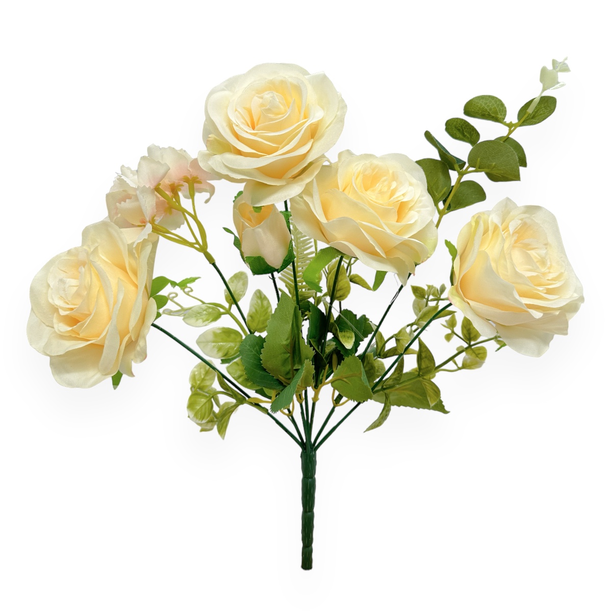 Buchet Artificial 7 Fire Trandafir si Verdeata Mixt Crem