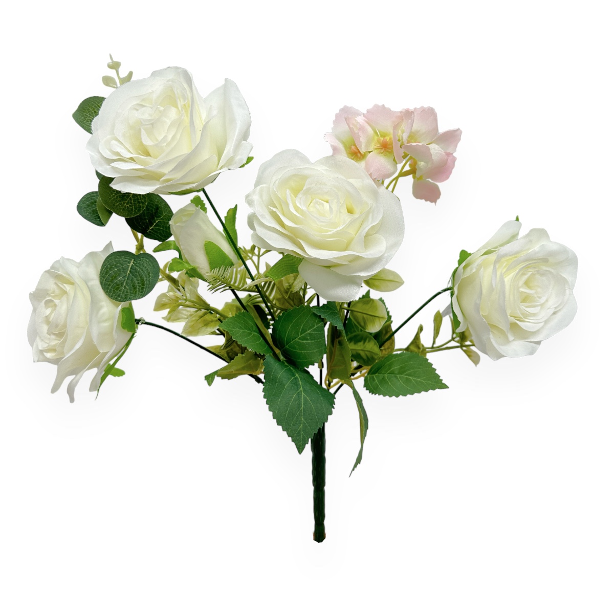 Buchet Artificial 7 Fire Trandafir si Verdeata Mixt Alb