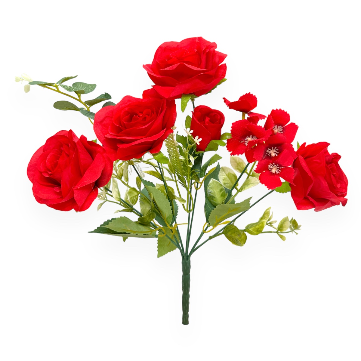 Buchet Artificial 7 Fire Trandafir si Verdeata Mixt Rosu