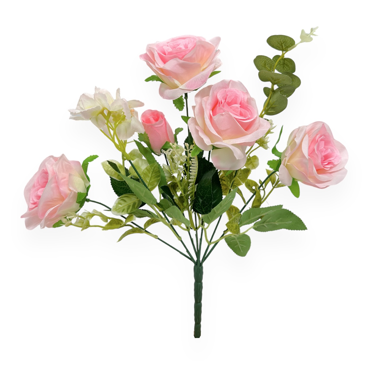 Buchet Artificial 7 Fire Trandafir si Verdeata Mixt Roz