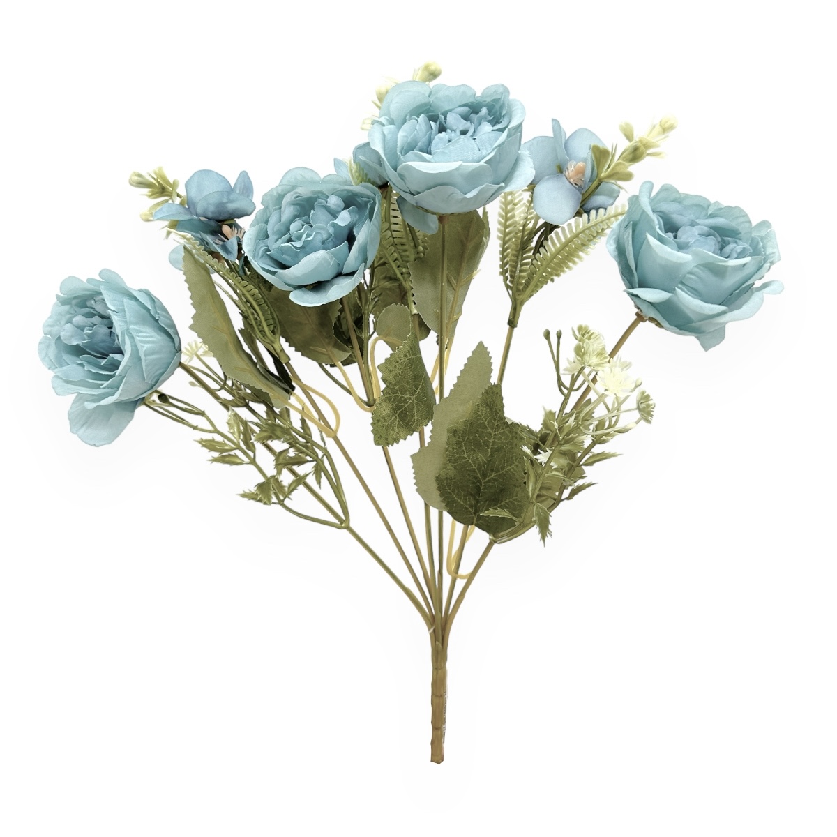 Buchet Artificial 7 Fire Trandafiri Austin si Flori de Mar Turquoise Deschis
