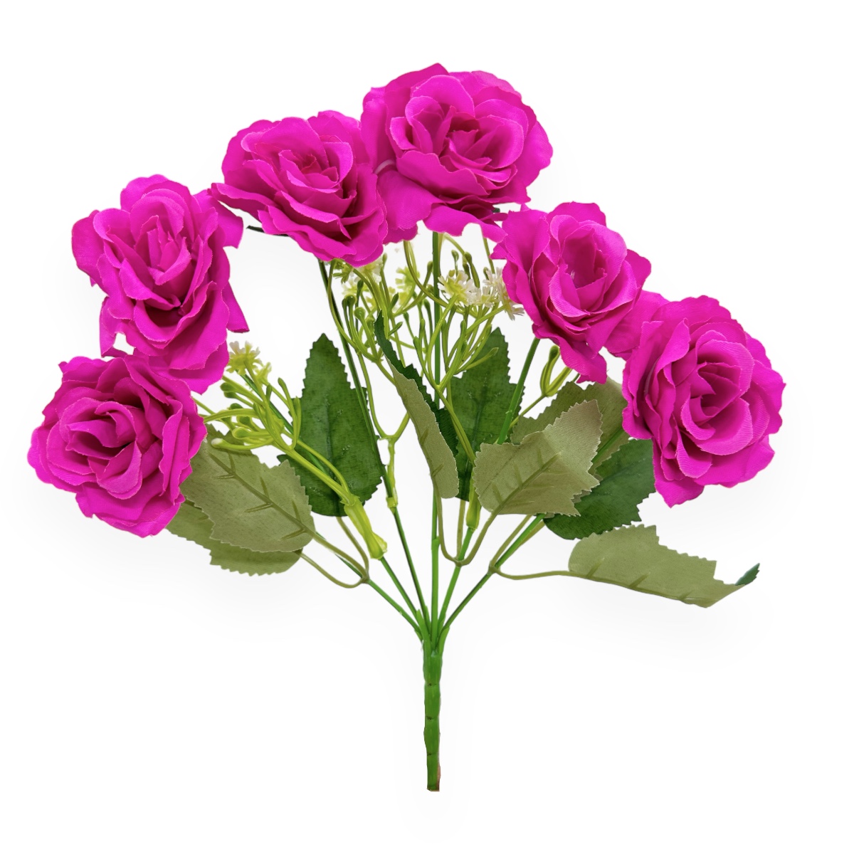 Buchet Artificial 6 Trandafiri cu Gypsophila Fuchsia