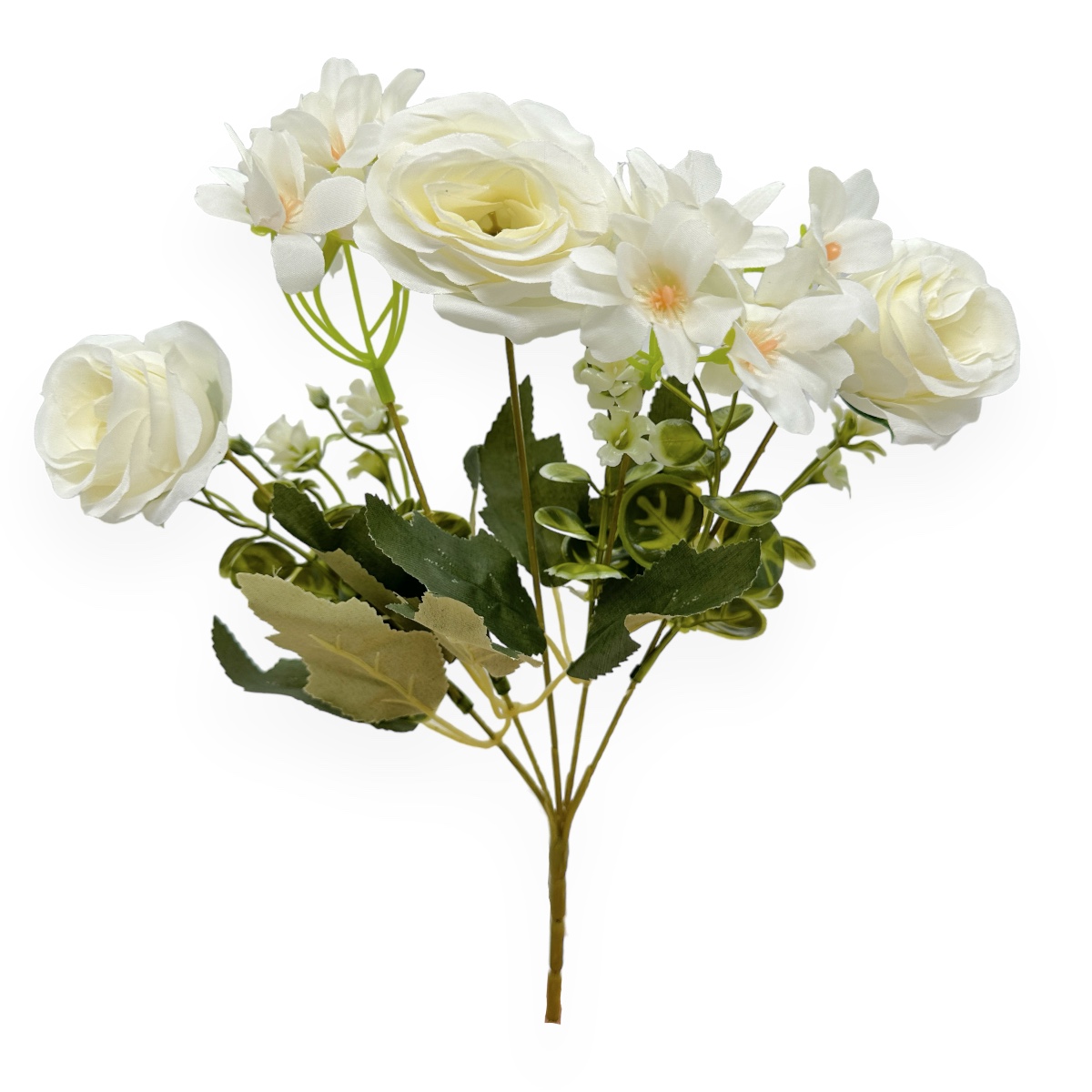 Buchet Artificial 5 Fire Trandafiri si Flori de Mar Alb