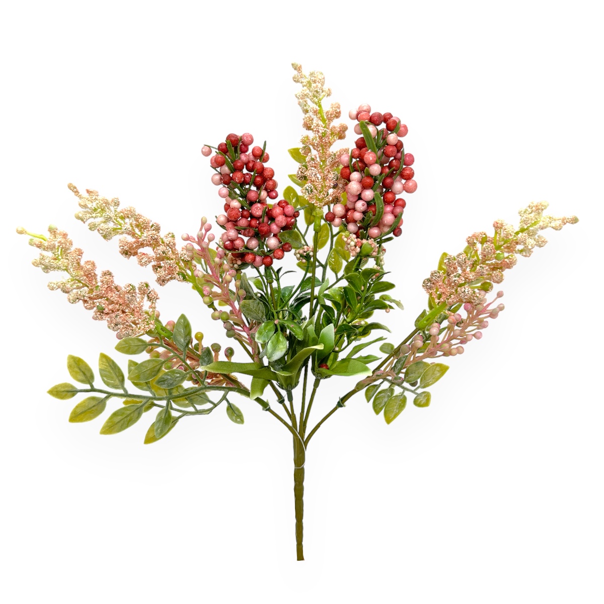 Buchet Artificial 6 Fire Bobite, Ciorchini si Verdeata Grena, Roze si Verde