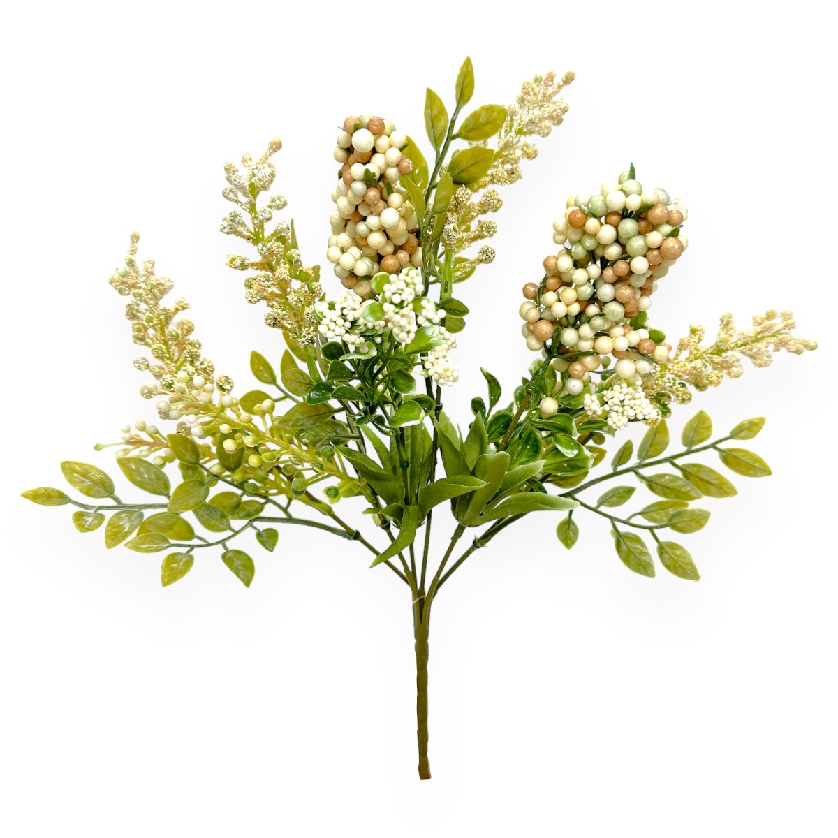Buchet Artificial 6 Fire Bobite, Ciorchini si Verdeata Crem, Auriu si Verde