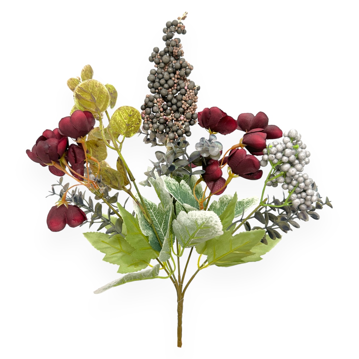 Buchet Artificial 5 Fire Bobite, Flori si Verdeata Grena, Violet si Gri