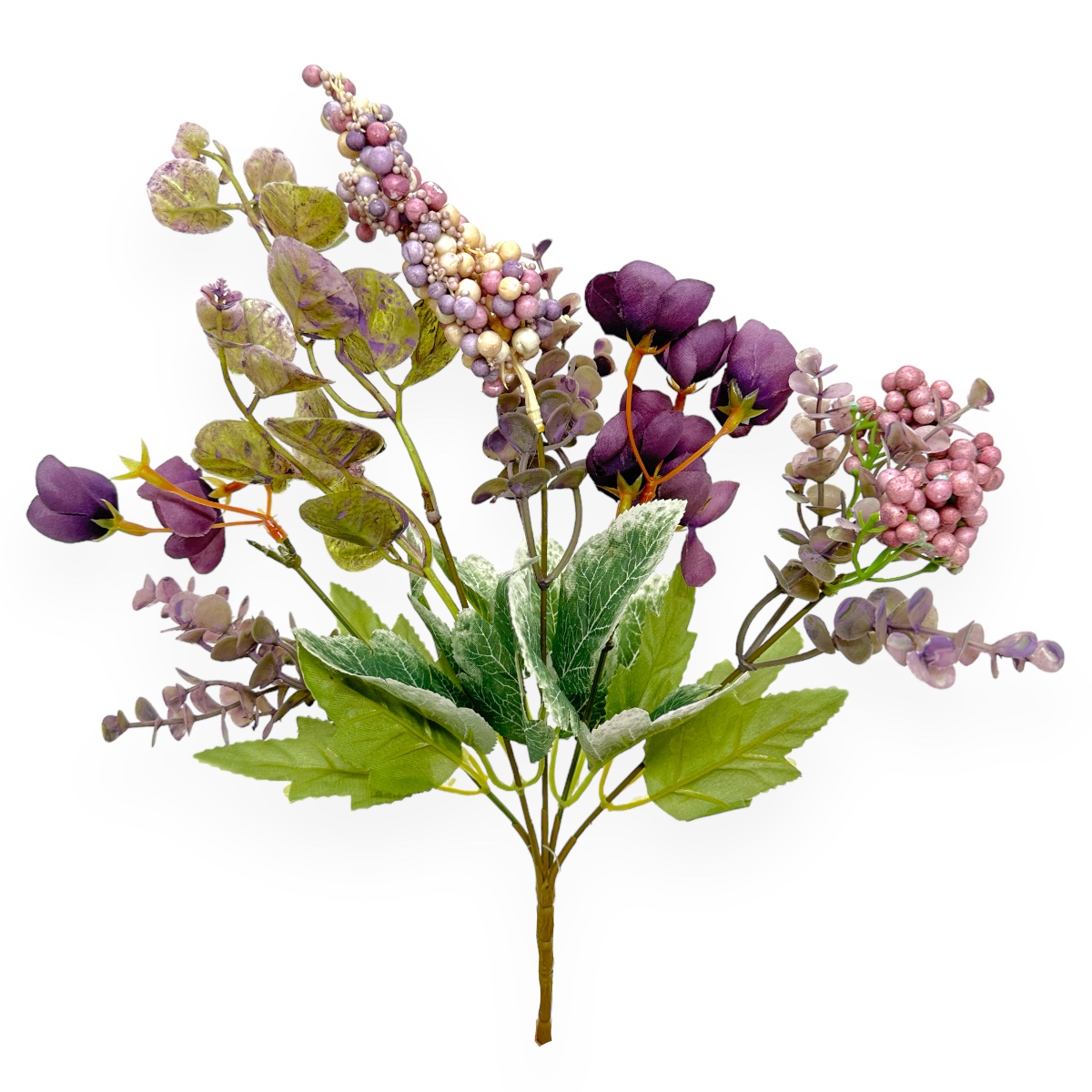 Buchet Artificial 5 Fire Bobite, Flori si Verdeata Mov, Violet si Crem