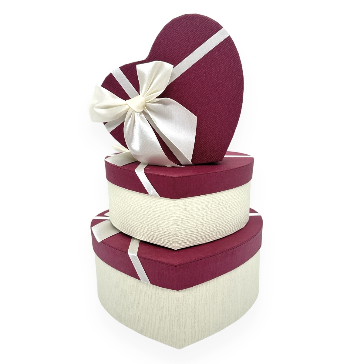Set 3 cutii inima cu fundita model tapet cu funda stanga crem cu grena