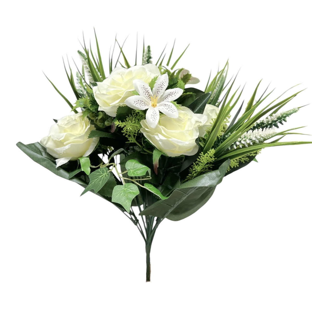 Buchet 18 fire trandafir cu frunze si verdeata mixt alb