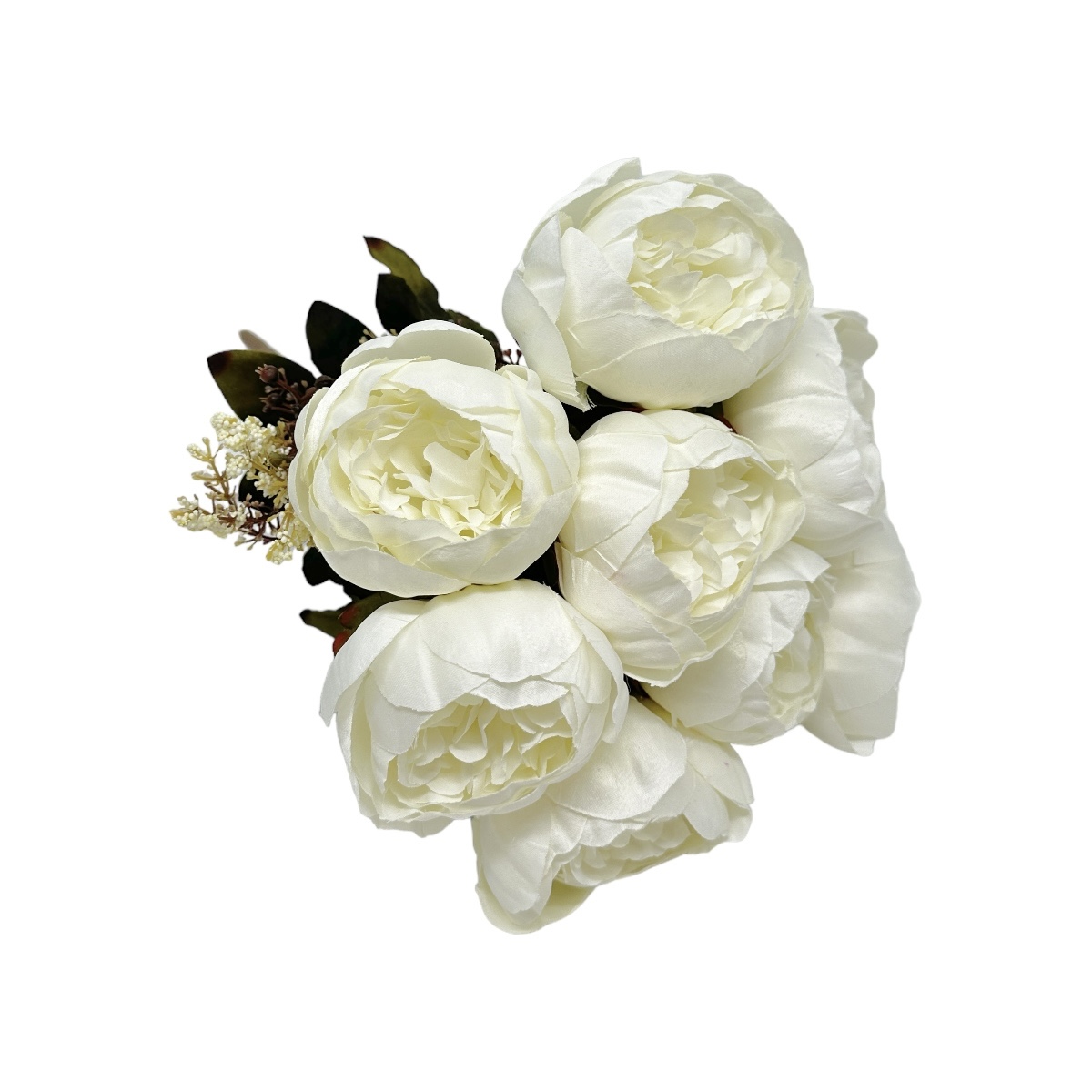 Buchet 12 fire artificiale Bujori Mari cu frunze si muguri Ivory