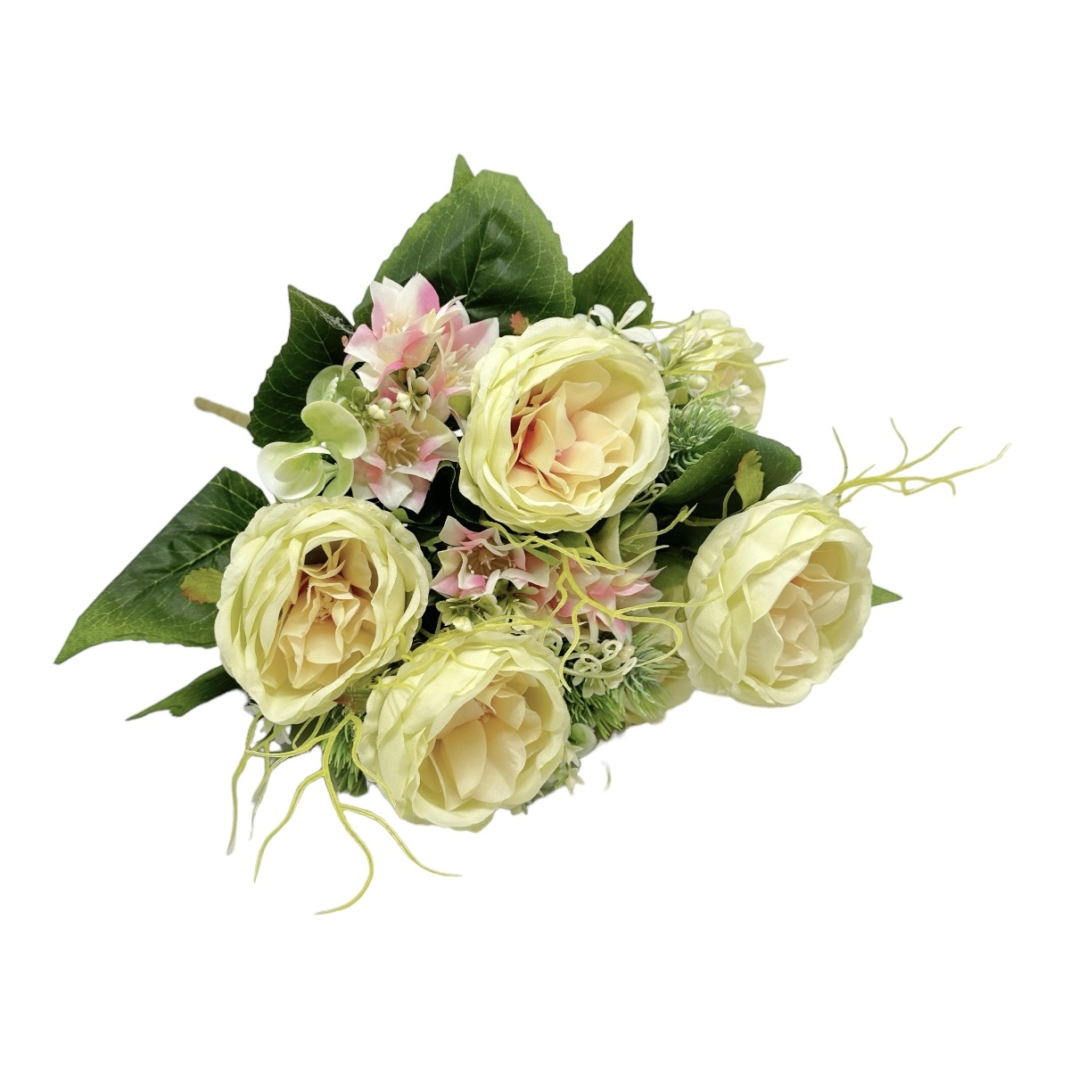 Buchet 12 fire artificiale Trandafir Austin cu frunze flori si verdeata mixt fistic crem