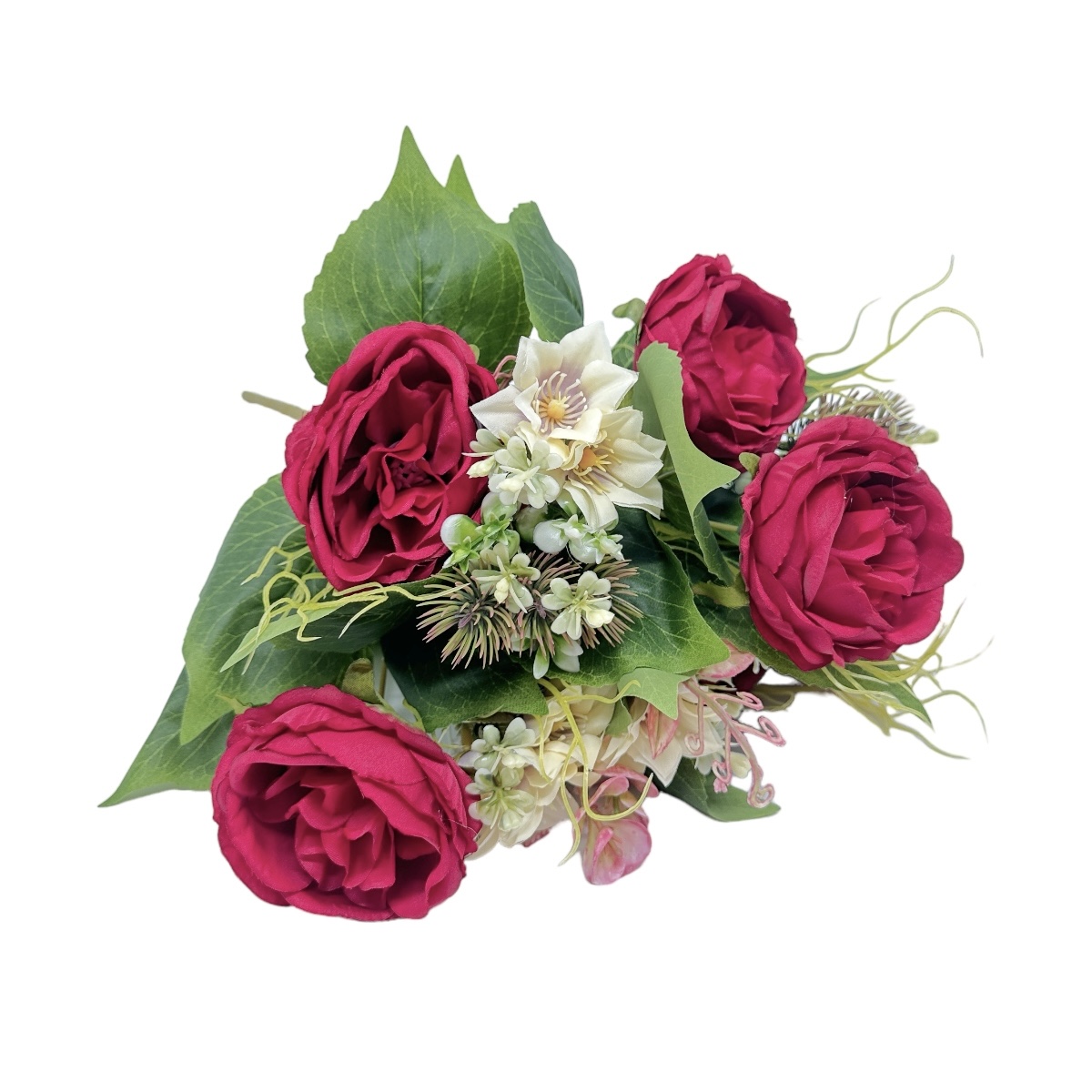 Buchet 12 fire artificiale Trandafir Austin cu frunze flori si verdeata mixt Rosu Inchis