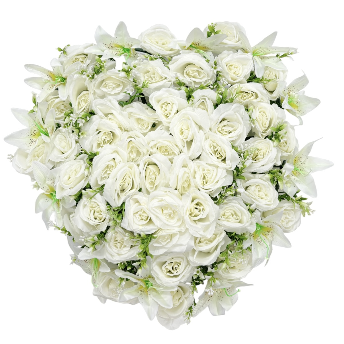 Coroana Funerara Artificiala Tip Jerba Inima Cu Trandafiri si Crini Alb