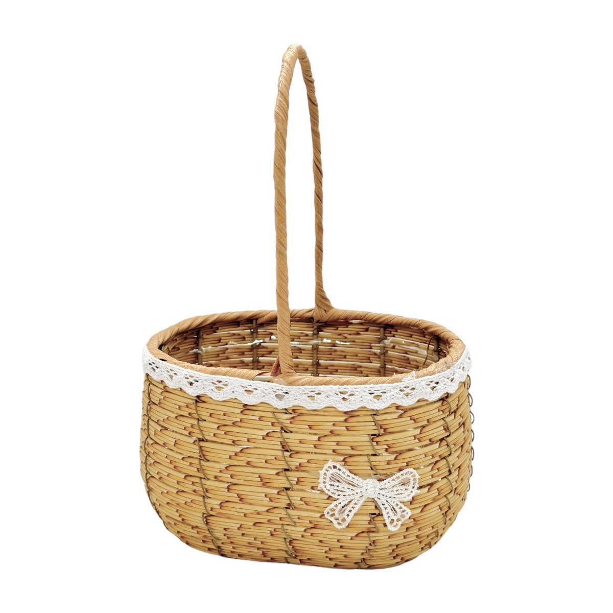 Cos Oval din Ratan Plasticat cu Dantela si Fundita - Beige Mixt