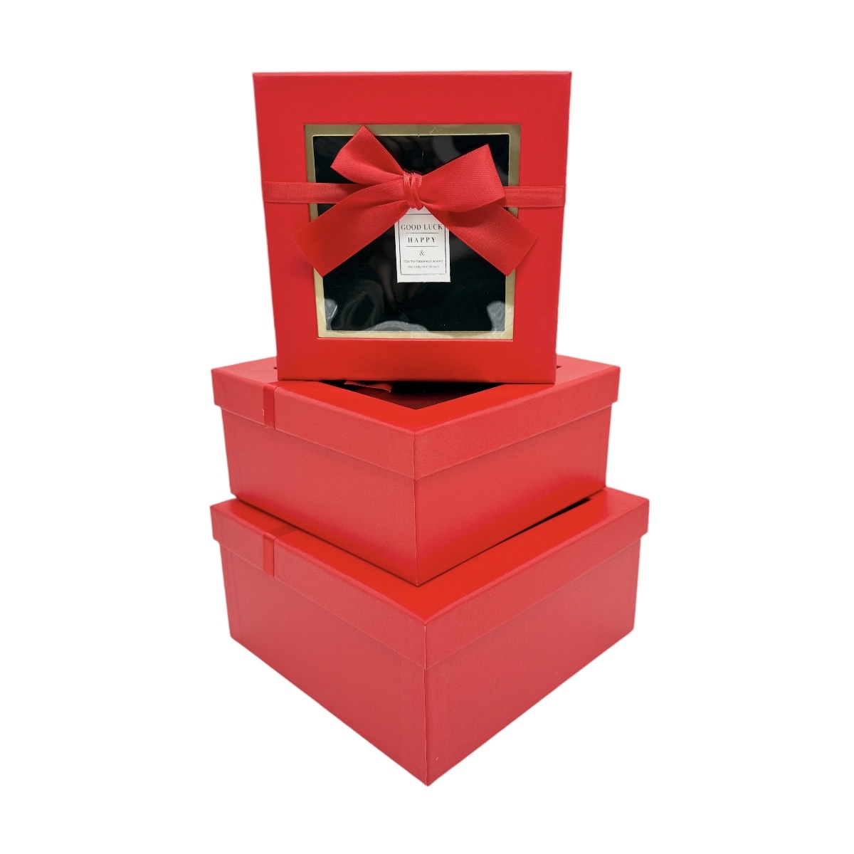 Set 3 cutii patrate cu capac transparent Good Luck Happy Rosu